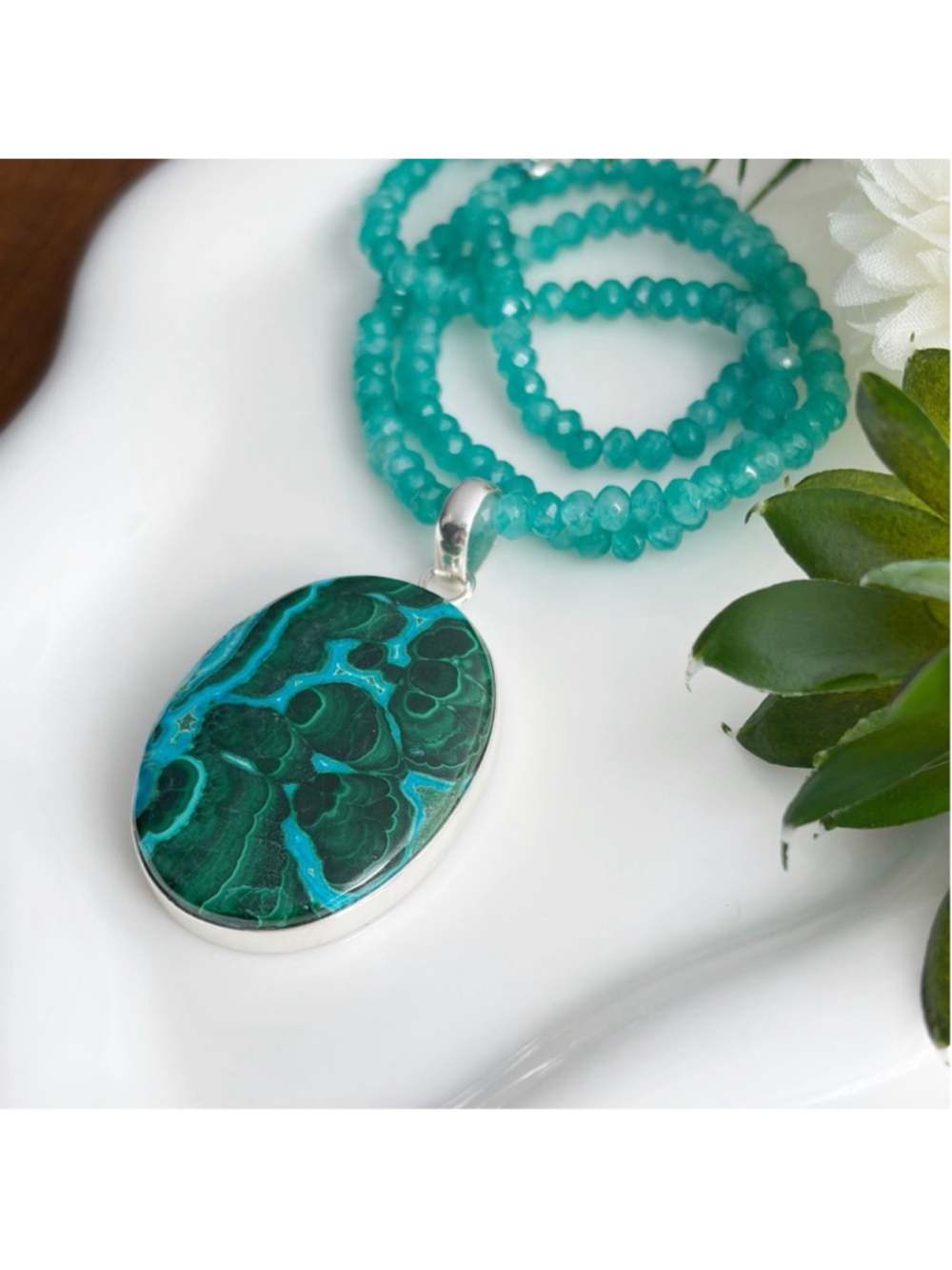 Sterling Silver 925 Large Top Quality Malachite Chrysocolla Pendant Handmade New - Picture 5 of 10